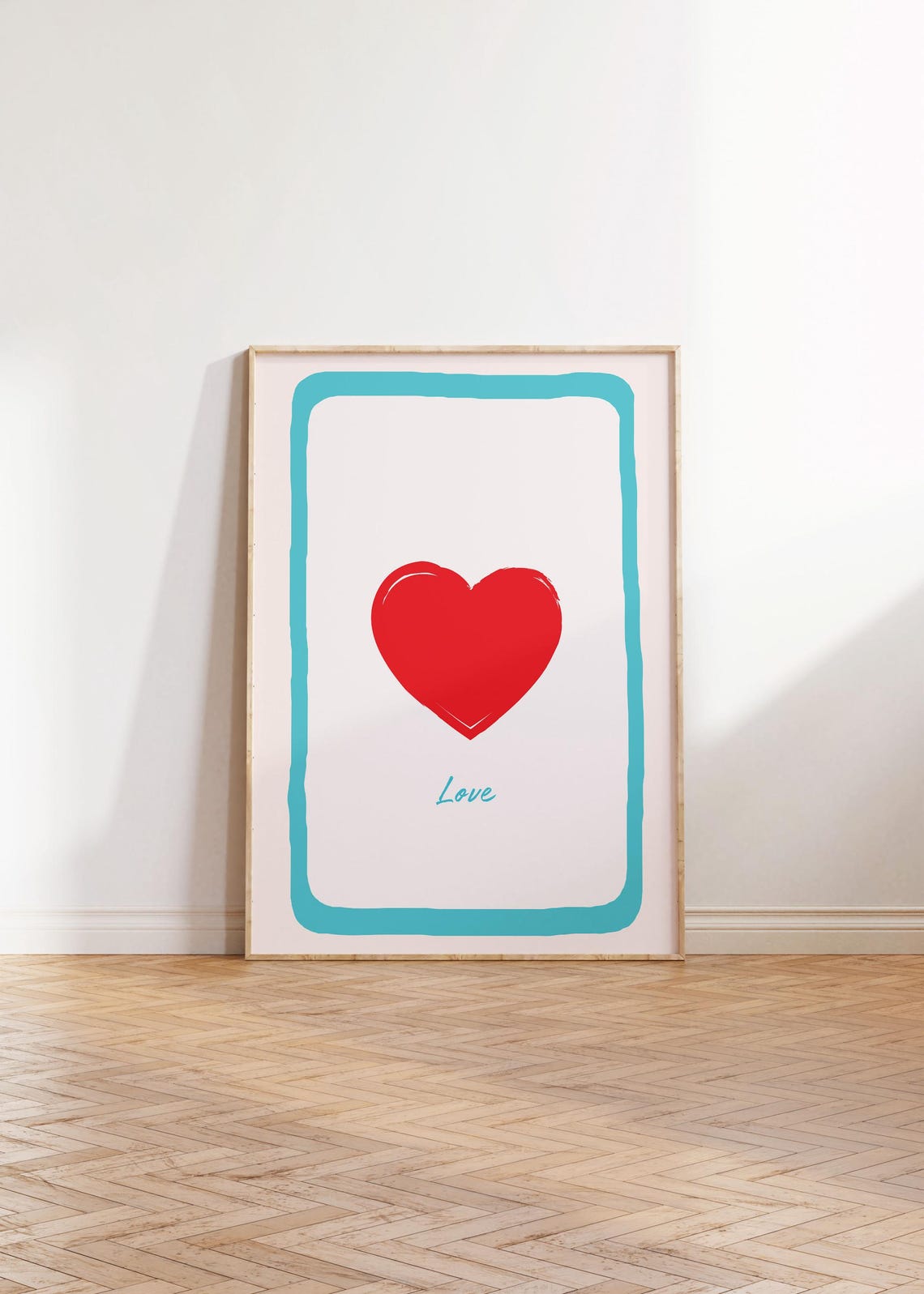 Red Heart Love Script Teal Border Minimalist Romantic Art Poster