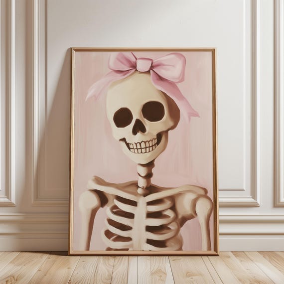 Pink Skeleton with Pink Bow Girly Halloween Coquette Room Poster