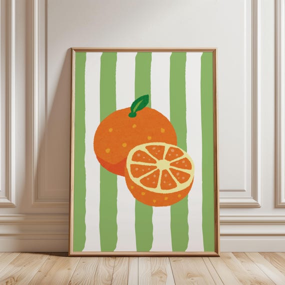 Colorful Mandarin Orange Fruit Kitchen Wall Art Striped Line Pattern Green Decor Prints Home