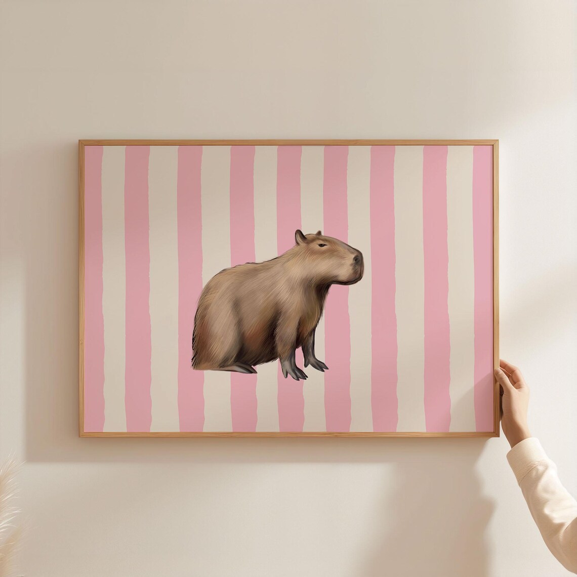 Capybara Nursery Print Cute Animal Art Poster Landscape Pink Stripe Line Pattern For Kids Home Decor