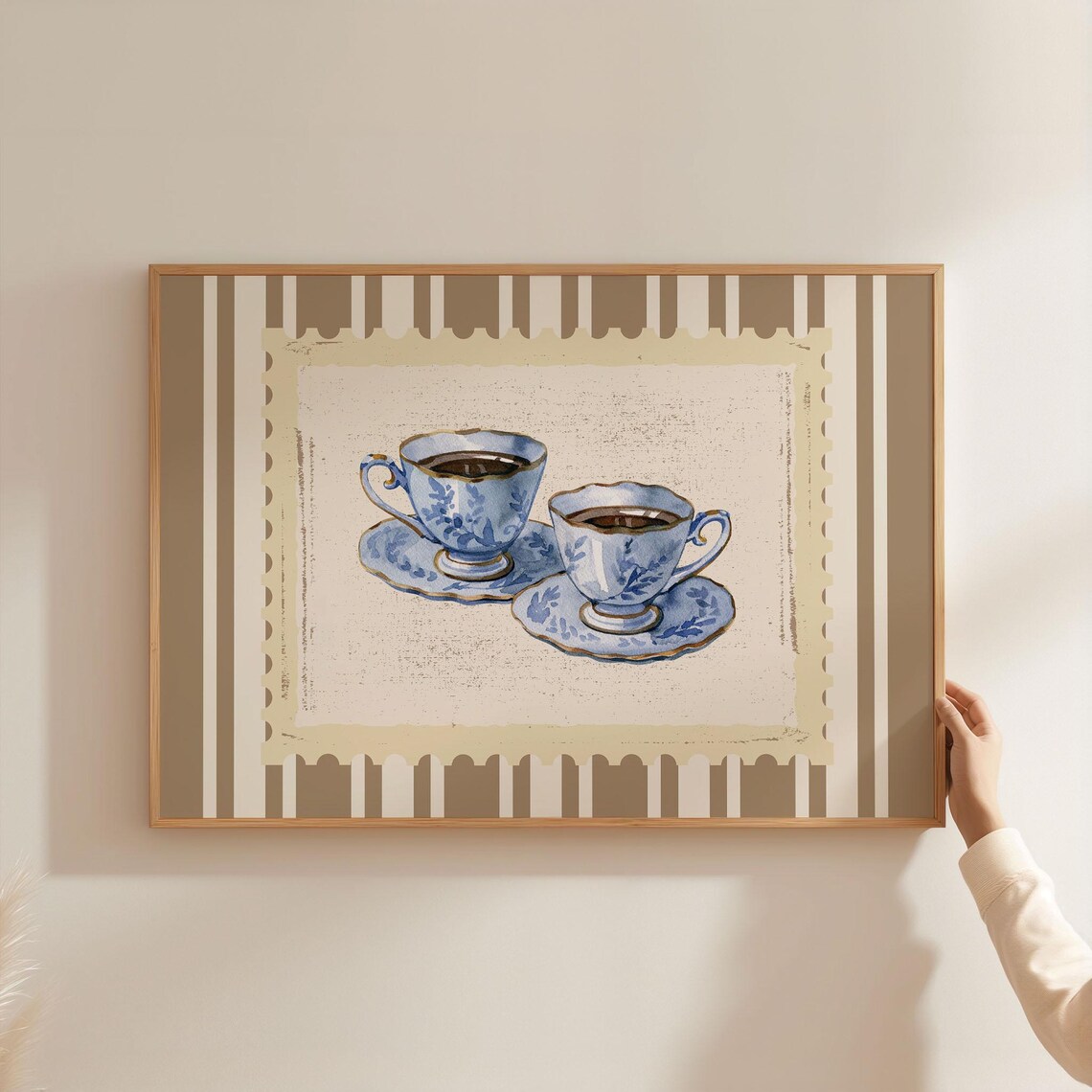 Vintage Blue Floral Coffee Cups Stamp Stripe Kitchen Art Print