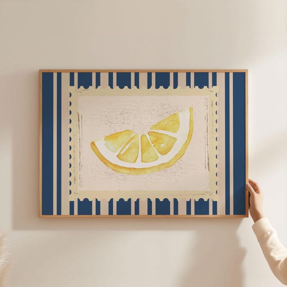 Lemon Wall Art Print Horizontal Fruit Kitchen Decor Navy Yellow Stripped Pattern
