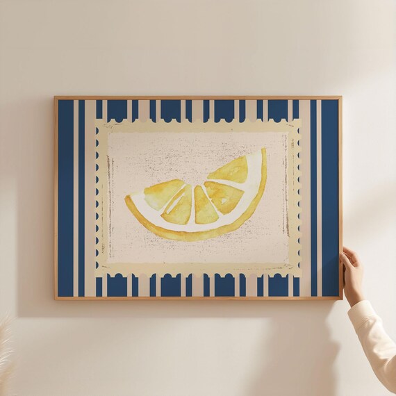 Watercolor Lemon Slice Postage Stamp Navy Stripe Kitchen Wall Art