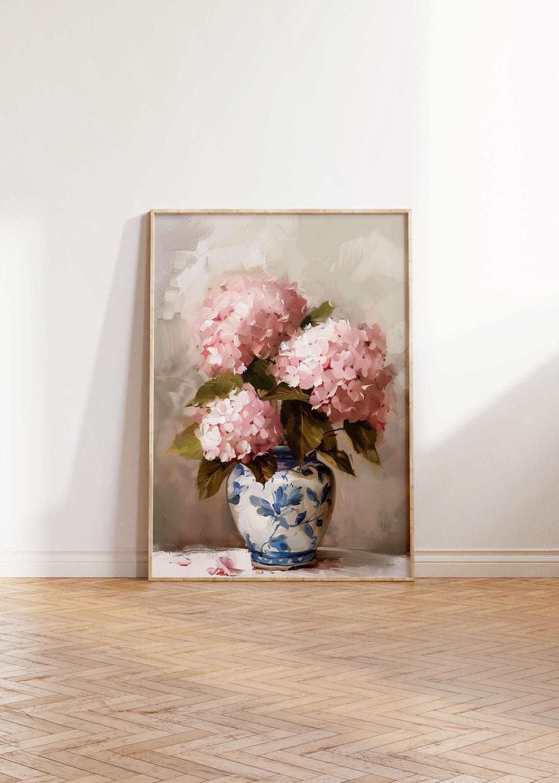 Pink Hydrangeas in Blue Porcelain Vase Soft Floral Art Poster