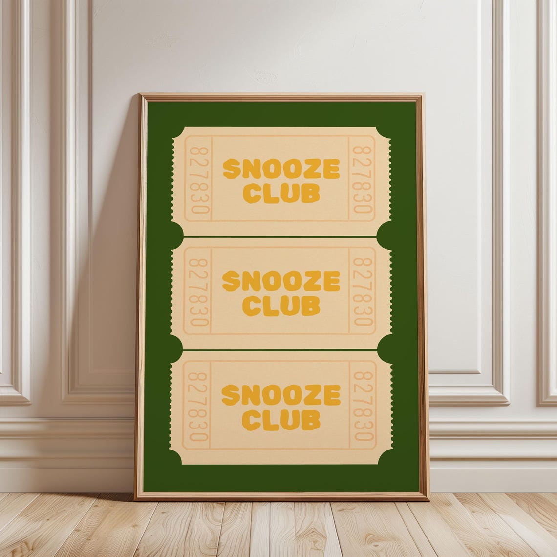 Snooze Club Cream Tickets on Green Retro Bedroom Wall Poster