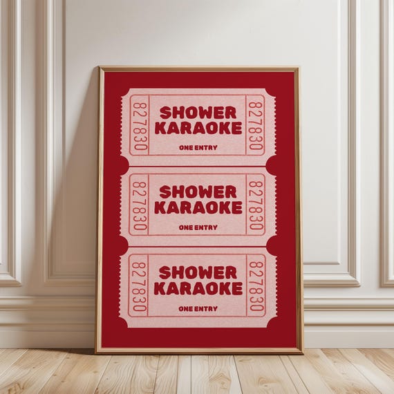 Shower Karaoke Ticket Bathroom Print Funny Red Beige Trendy Wall Decor Art Unique Home Styling Idea