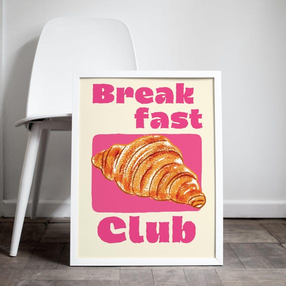 Framed Wall Art Croissant Breakfast Club Food Bread Kitchen Poster In Pink Colorful Retro