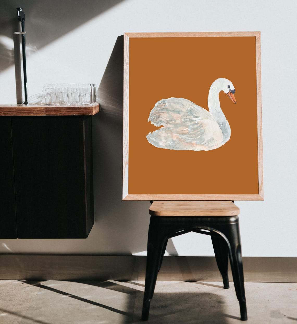 White Swan Burnt Orange Watercolor Minimalist Bird Elegant Wall Art