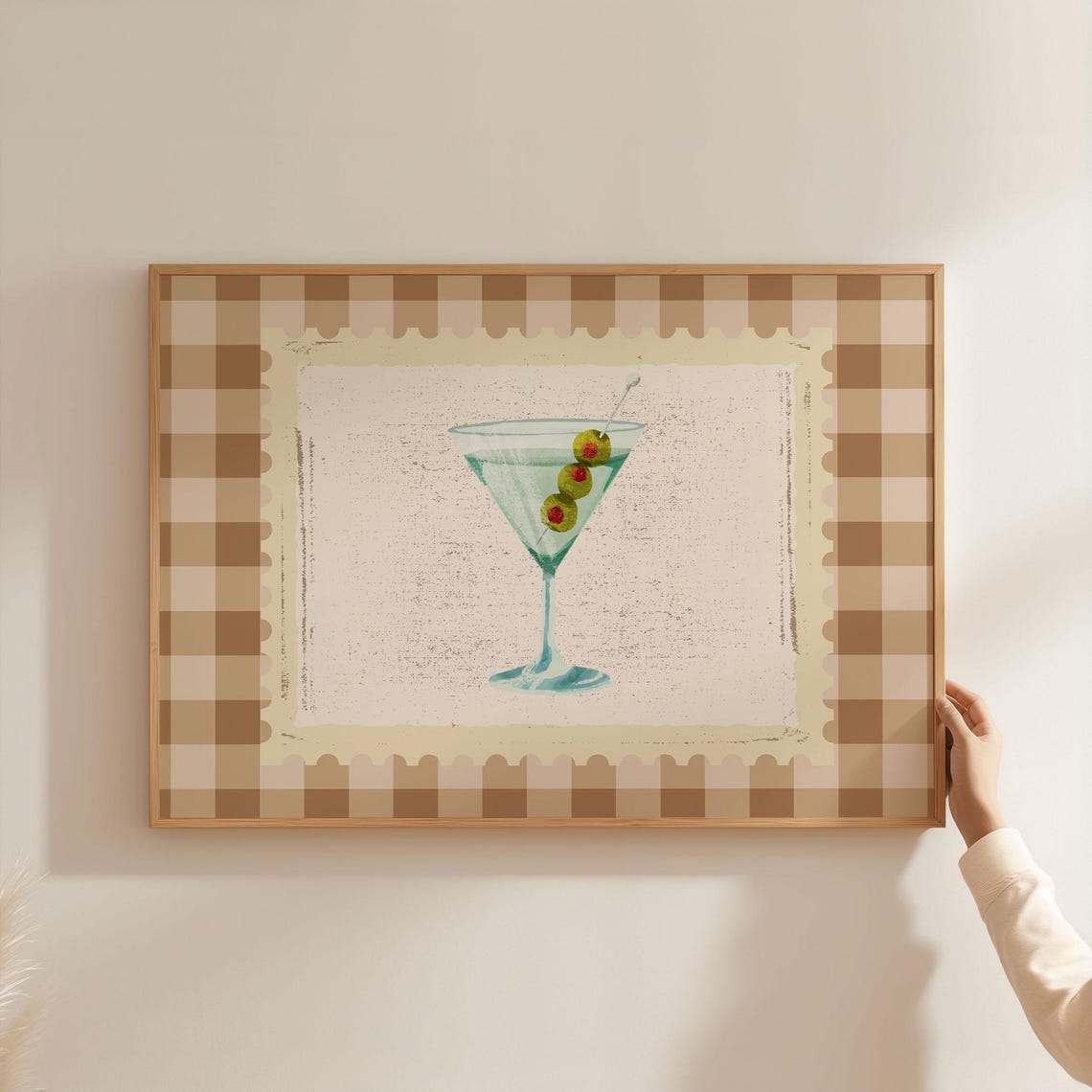 Martini Cocktail Stamp Art Beige Gingham Bar Cart Decor Wall Art