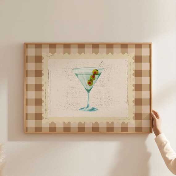 Martini Cocktail Stamp Art Beige Gingham Bar Cart Decor Wall Art