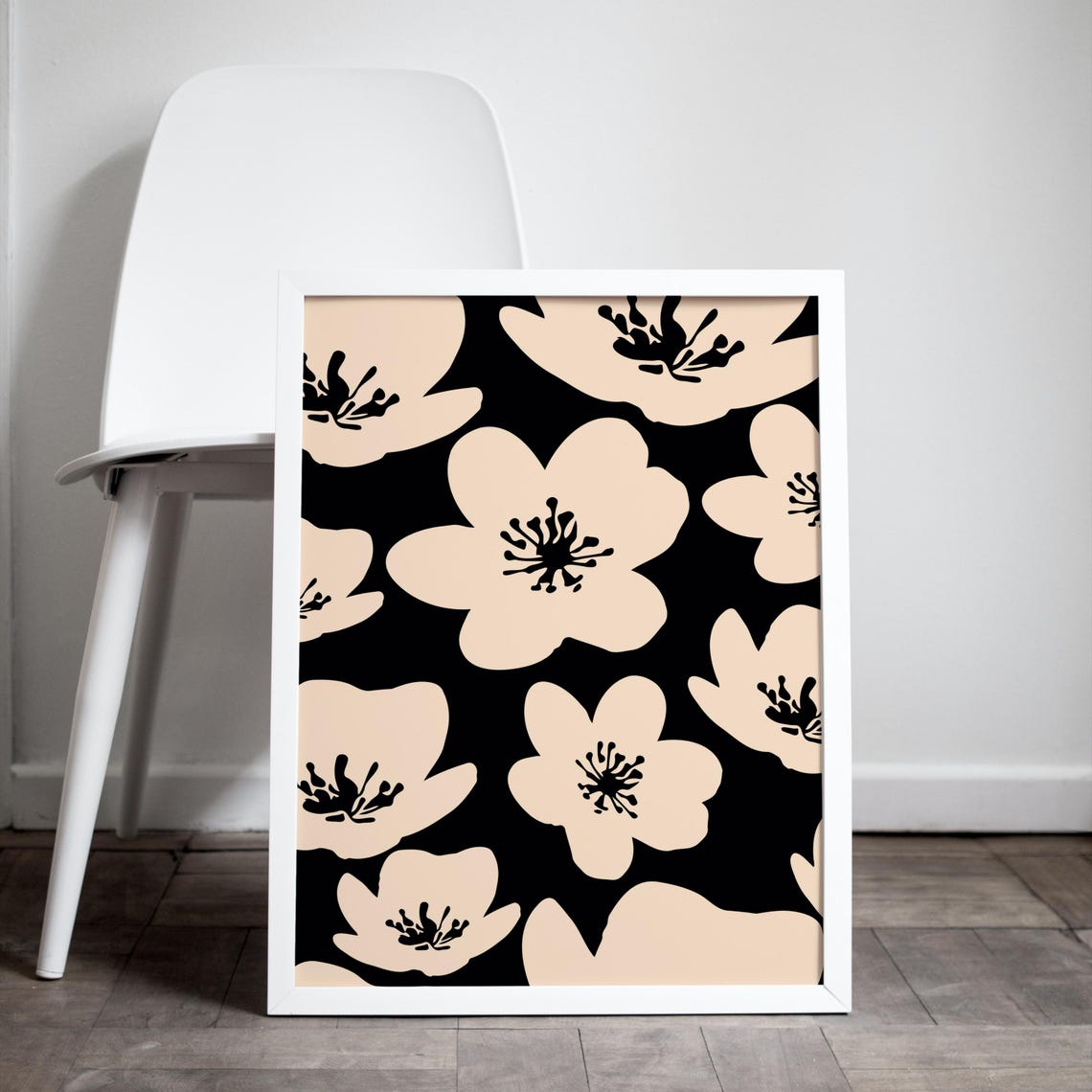 Blush Pink Cherry Blossoms on Black Abstract Botanical Wall Art