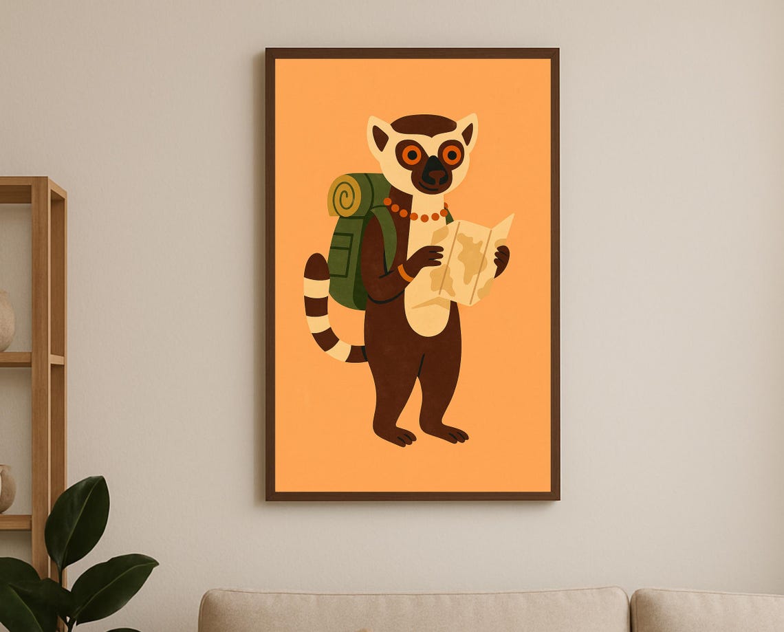 Backpacking Lemur Wall Art Adventure Animal Hobby Poster