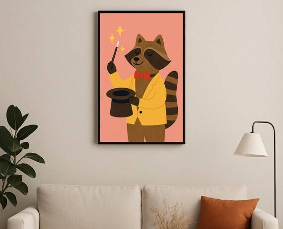 Magician Raccoon Wall Art Hobby Animal Series Magic Wand Top Hat Print For Nursery Playroom Modern Kids Room