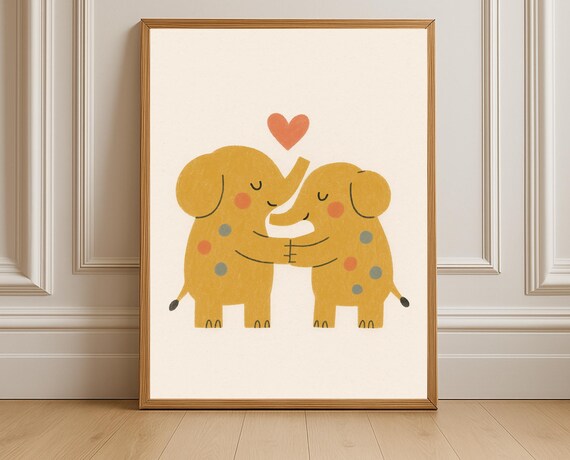 Two Hugging Elephants with Heart Love Nursery Poster Yellow Art