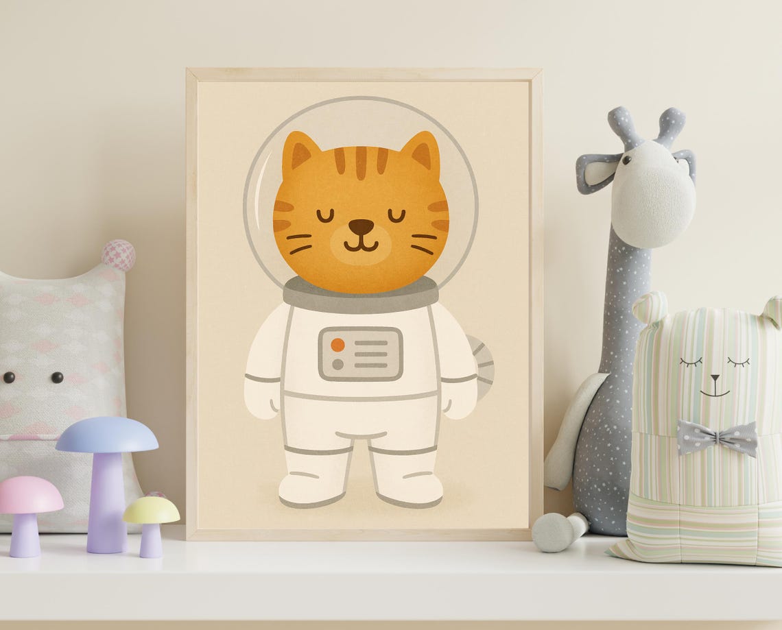 Astronaut Cat Wall Art Space For Nursery Adventure Animal Decor Hobby Series