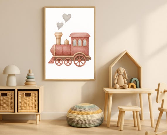 Red Train Wall Art Cute Nursery Decor Vintage Poster For Kids Room Boys Transportation