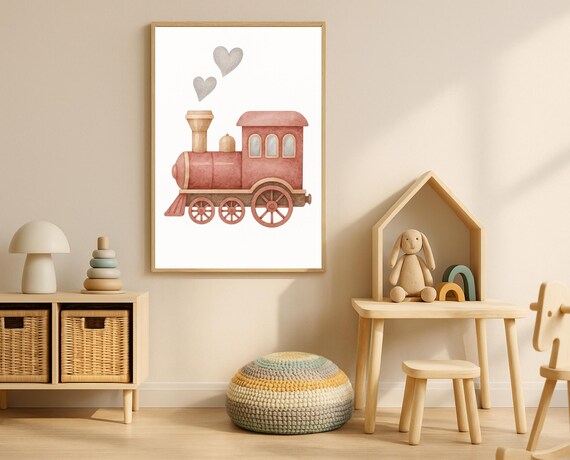 Red Watercolor Train with Heart Smoke Cute Poster for Nursery Room