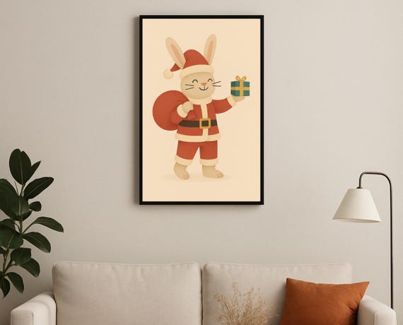 Santa Bunny With Gift Christmas Wall Art Nursery Decor