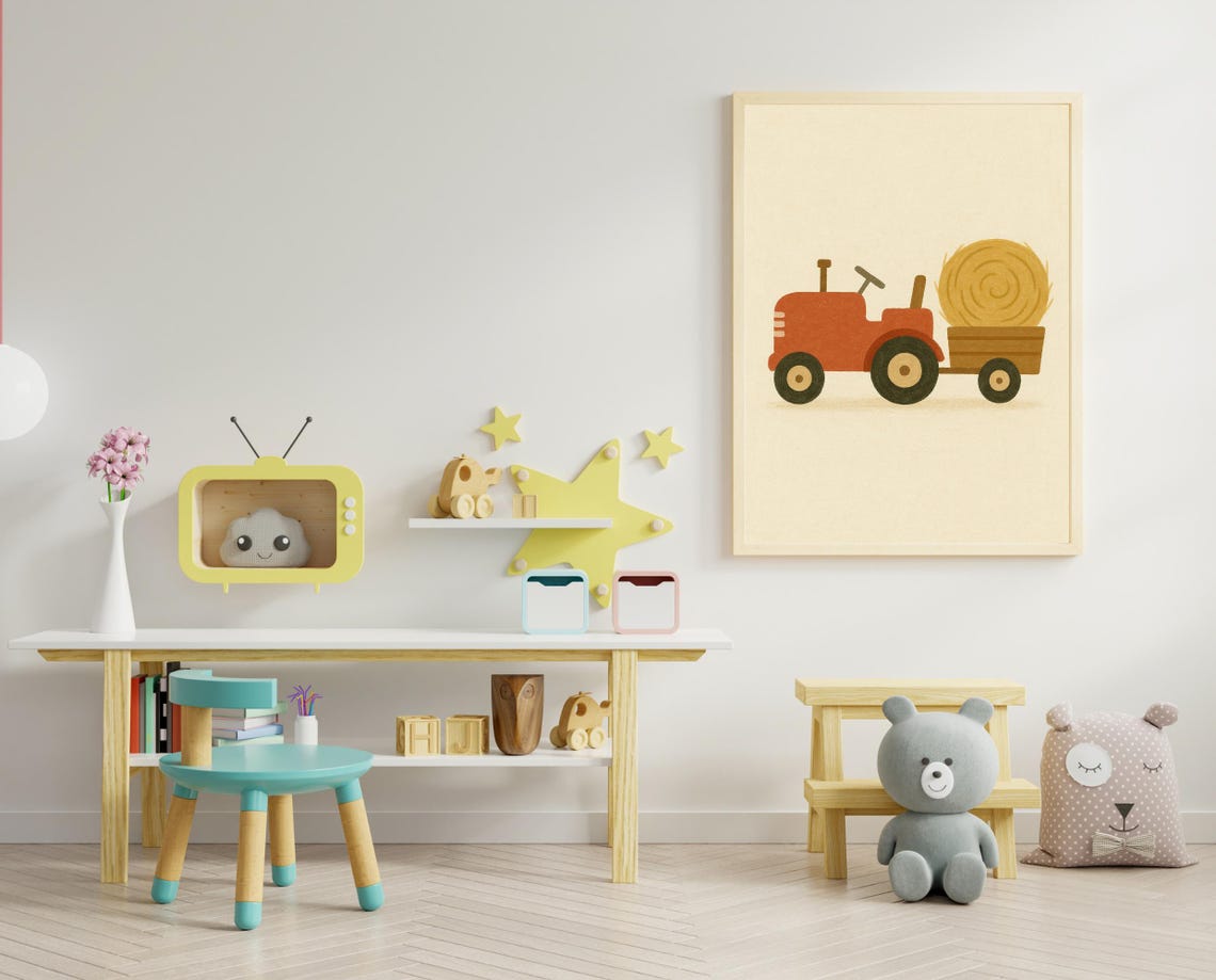 Farm Tractor Wall Art Rustic Nursery Print For Boys Red With Hay Animal Decor