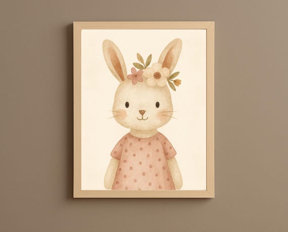 Floral Bunny Wall Art Girl Rabbit Nursery Print For Kids Room Decor Baby