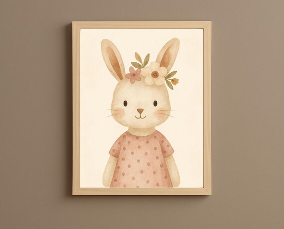 Sweet Floral Bunny Girl Pink Polka Dot Dress Nursery Kids Poster