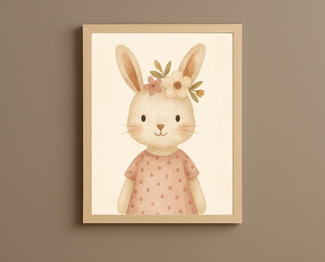 Sweet Floral Bunny Girl Pink Polka Dot Dress Nursery Kids Poster