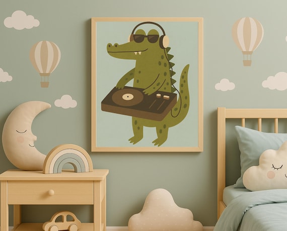 DJ Crocodile With Headphones Spinning Turntable Kids Room Wall Art