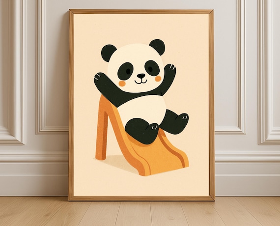 Playful Panda Sliding Down Orange Slide Cute Nursery Kids Poster