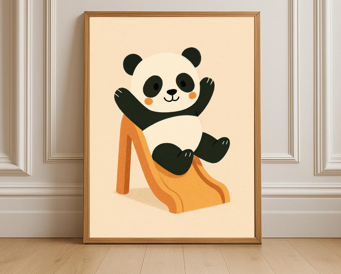 Playful Panda Sliding Down Orange Slide Cute Nursery Kids Poster