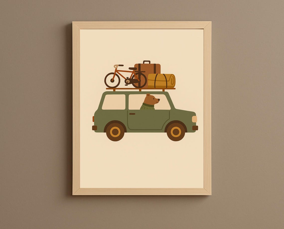 Bear Road Trip SUV With Bike Luggage Cute Nursery Kids Poster
