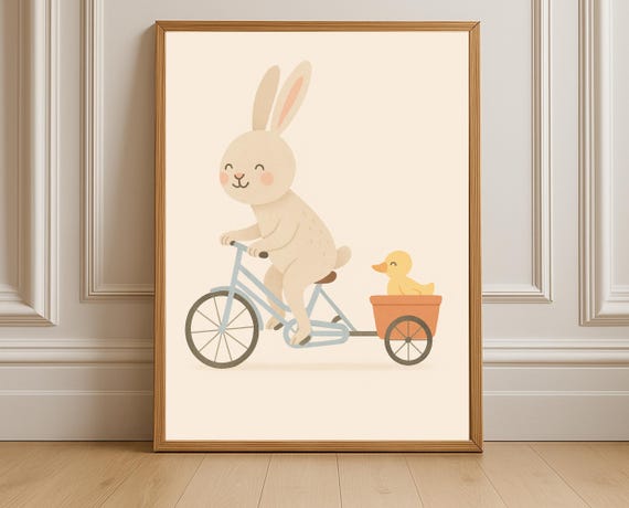 Bunny On Bicycle With Duck Print Nursery Wall Art Rabbit Bike Kids Room Decor