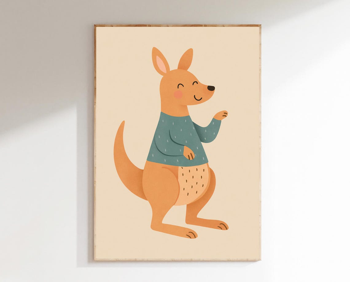 Kangaroo Wall Art Hobby Animal Series Nursery Print Cute For Kids Room Pastel Australian