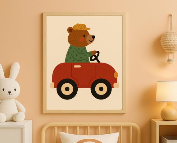 Driving Bear Wall Art Cute Animal For Nursery Kids Room Decor Classic Car Theme Boys Bedroom Retro