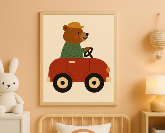 Friendly Bear Driving Red Car Wearing Cap Cute Nursery Kids Poster