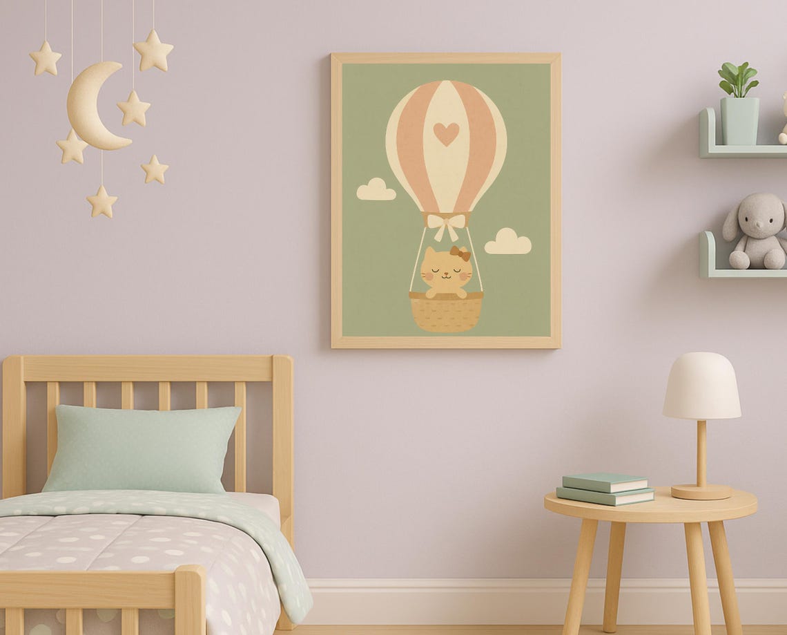 Kitten Riding Hot Air Balloon Basket Adventure Nursery Wall Art