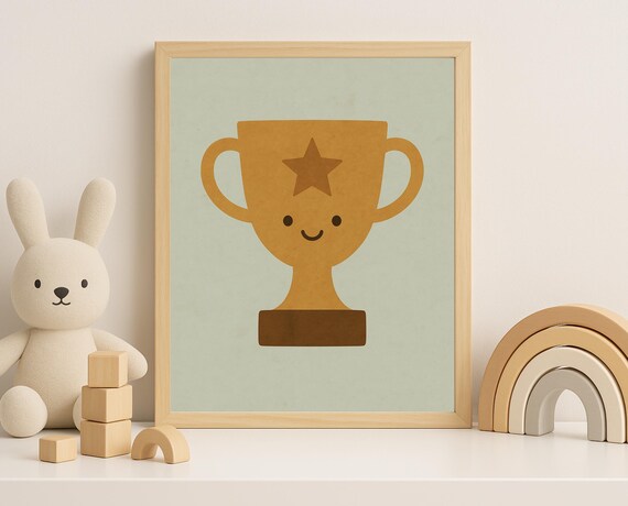 Smiling Gold Trophy Cup Star Winner Little Kids Sports Room Poster