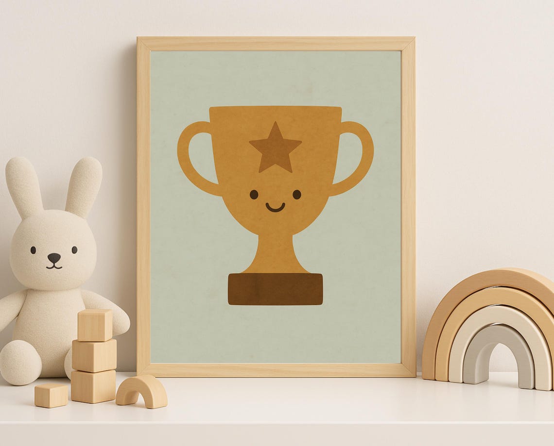 Smiling Gold Trophy Cup Star Winner Little Kids Sports Room Poster