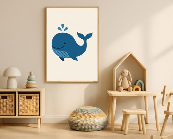 Smiling Blue Whale Wall Art Cute Ocean Nursery Print Animal Poster For Kids Room Instant