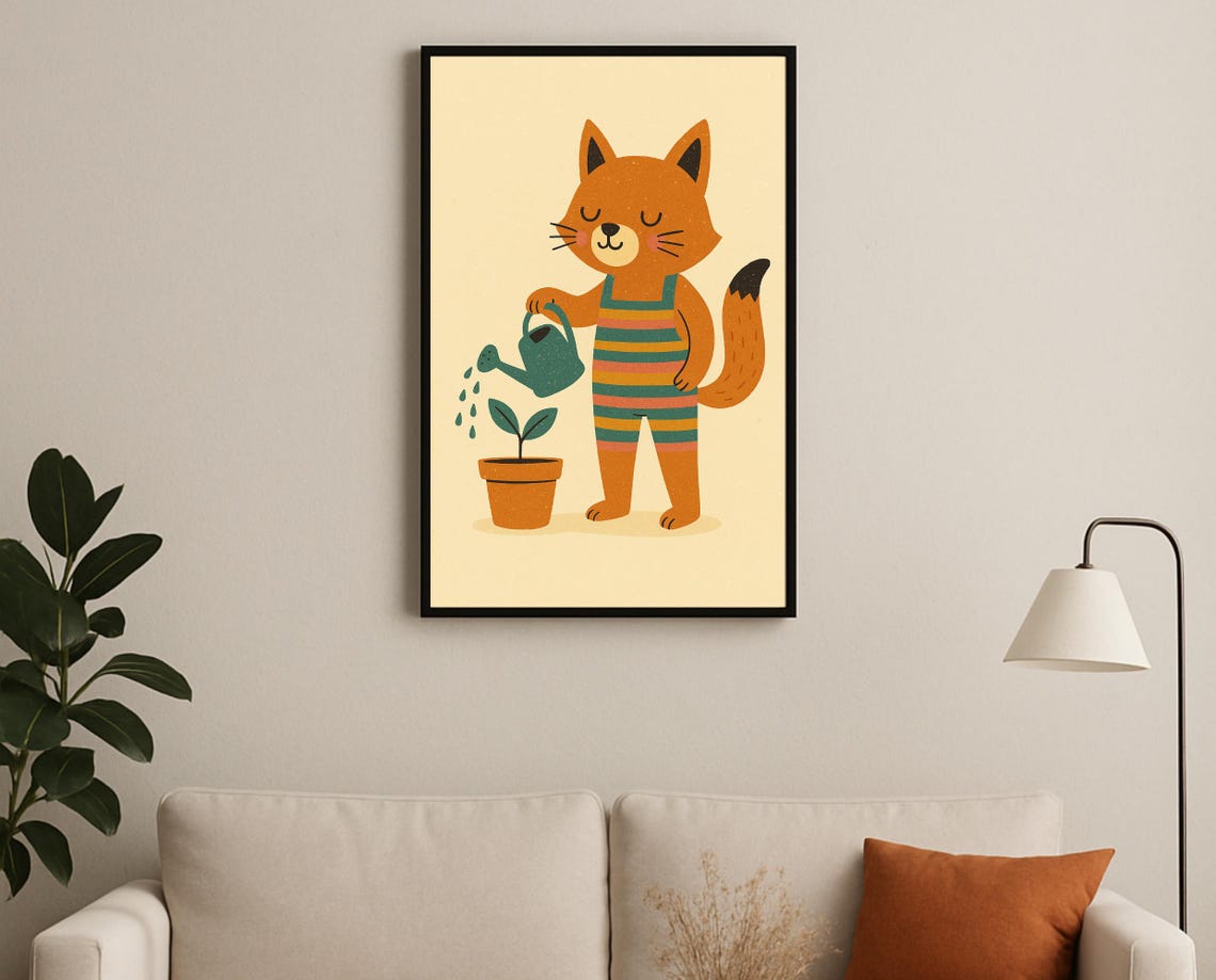 Sweet Fox Watering Plant Gardener Hobby Nursery Room Decor Poster
