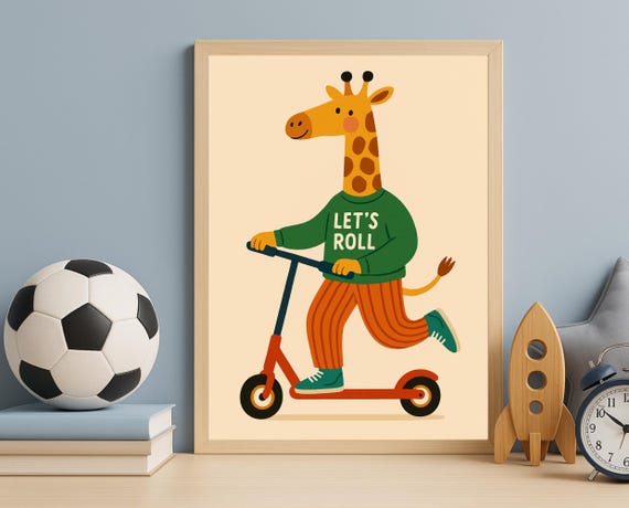 Scooter Giraffe Wall Art Lets Roll Animal Print For Nursery Playroom Decor Modern Kids Room