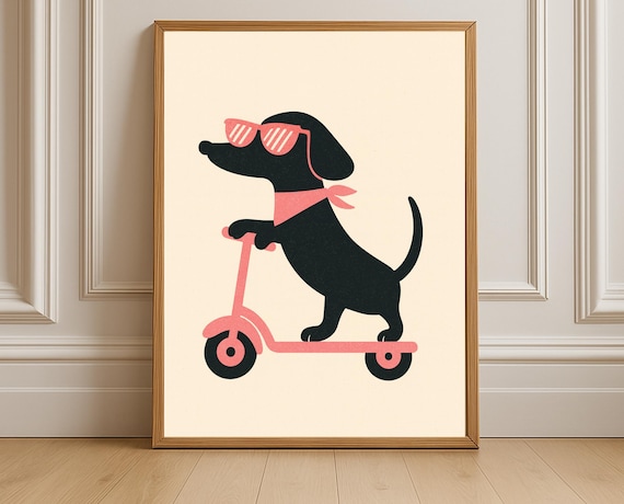 Dachshund Riding Pink Scooter Cool Dog Illustration Playful Nursery Wall Art