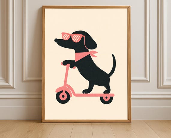 Dachshund Scooter Wall Art Dog Kids Room Playroom Decor Nursery Poster Pet Lover Gift Instant