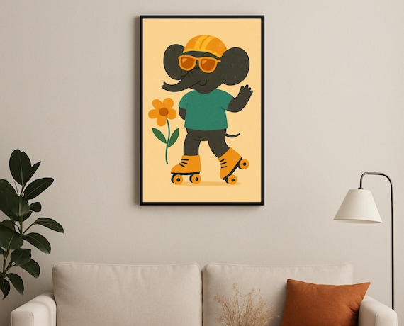 Funny Roller Skating Elephant With Sunglasses Hobby Nursery Decor Poster