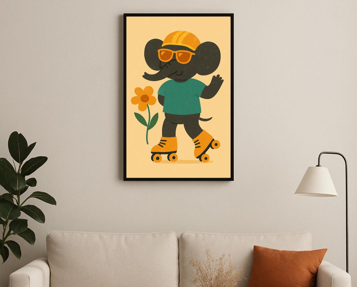 Roller Skating Elephant Wall Art Hobby Animal Series Print For Nursery Playroom Modern Kids Room Decor