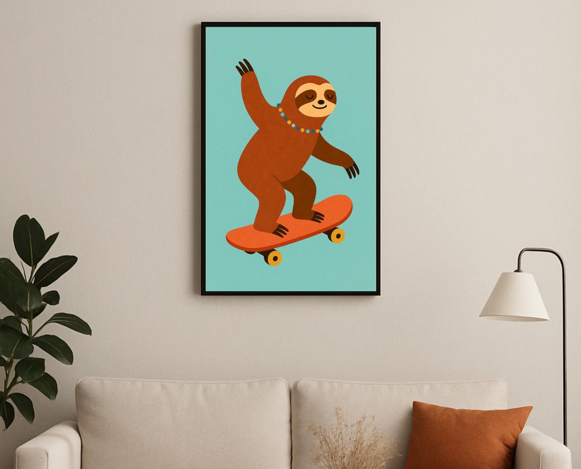 Sloth Riding an Orange Skateboard on a Teal Background Poster