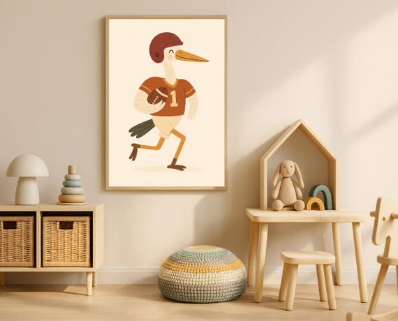 Football Stork Wall Art Playful Sports Animal Nursery Print Hobby Series Kids Room