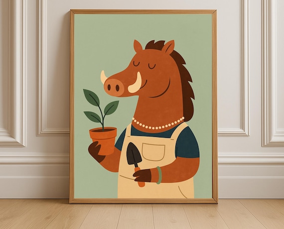 Gardening Warthog Poster Potted Seedling Cute Animal Nursery Decor Art
