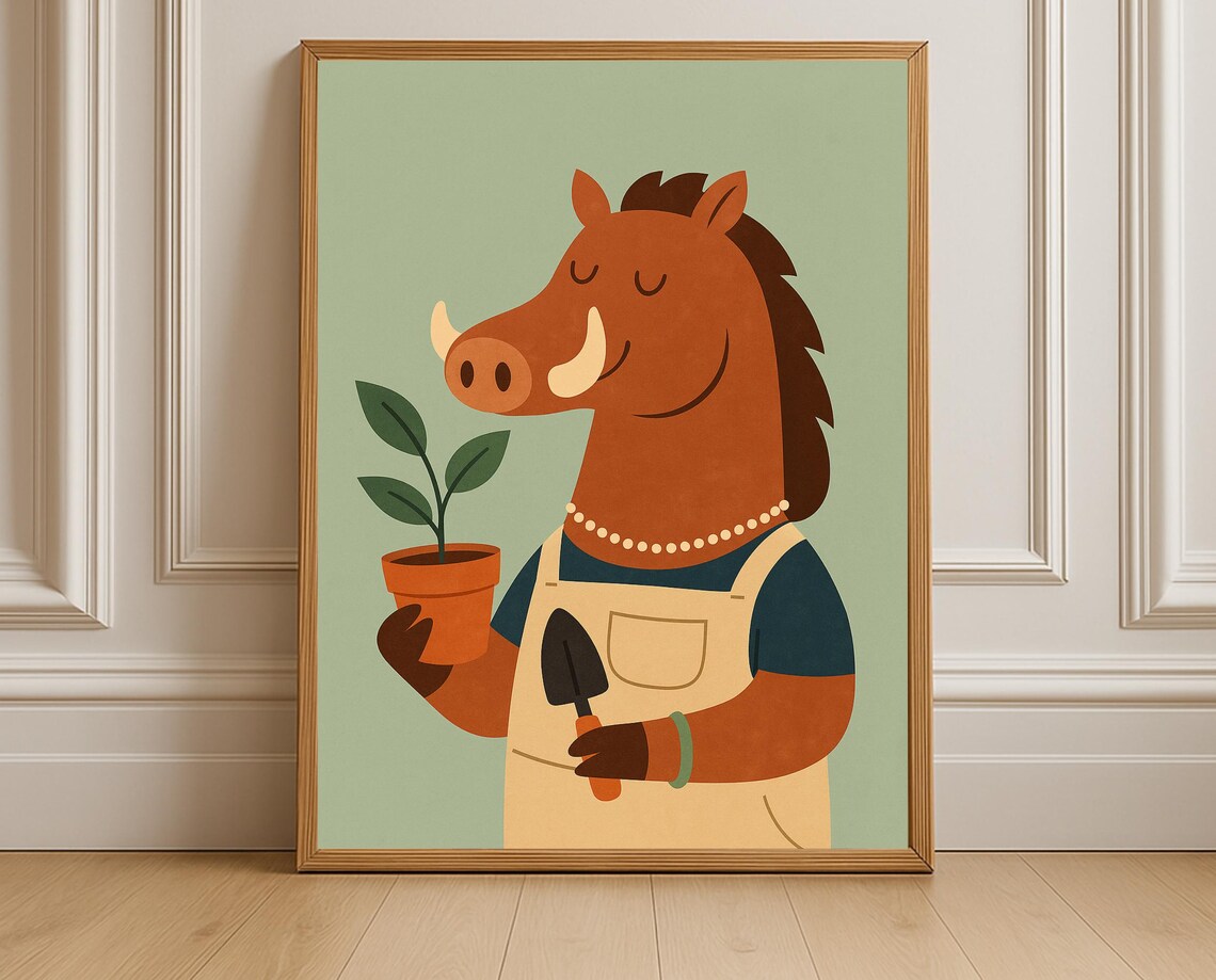 Gardening Warthog Poster Potted Seedling Cute Animal Nursery Decor Art