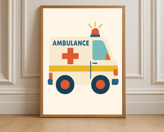 Ambulance Flat Illustration Emergency Vehicle Kids Nursery Poster