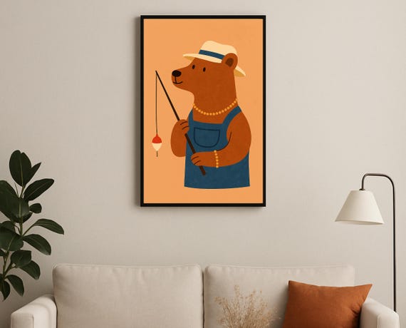 Fishing Bear Wall Art Hobby Animal Series Print For Nursery Playroom Modern Kids Room Decor